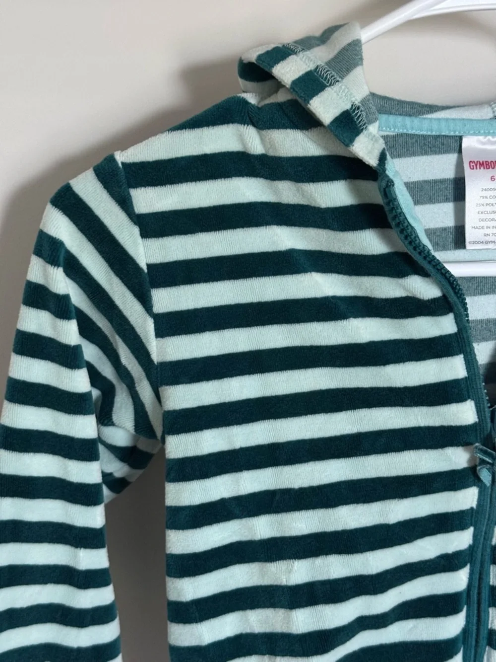 Gymboree Green Teal Striped Velvet Bow Full Zip Hoodie Hooded Sweatshirt Girls 6